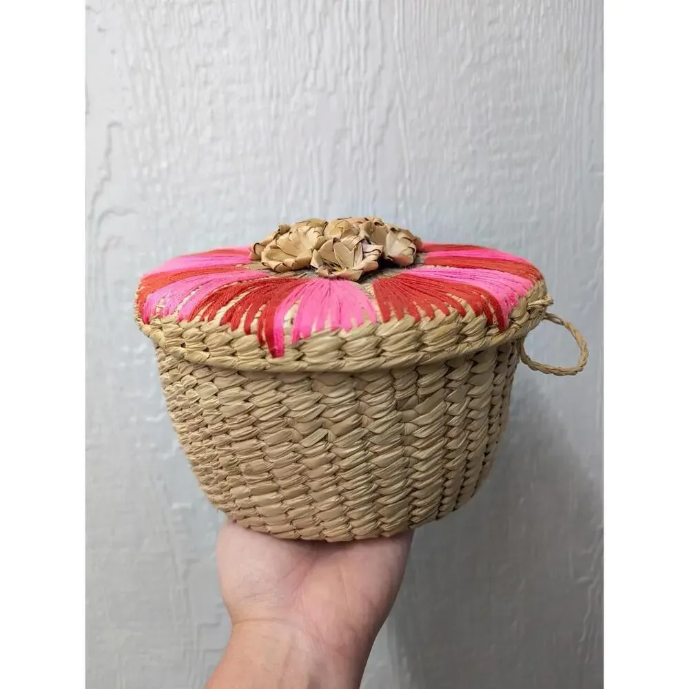 Mexican Colorful Palm Straw Pink Red Yarn Basket Lid Handmade Mexico Boho 8x5